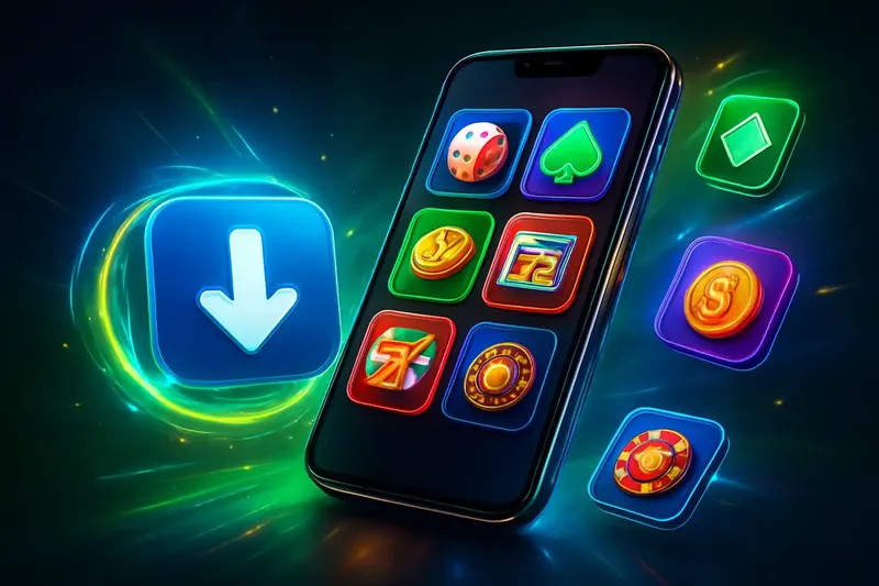 Premium Casino App Glossy smartphone casino app banner with neon download icon and glowing tiles