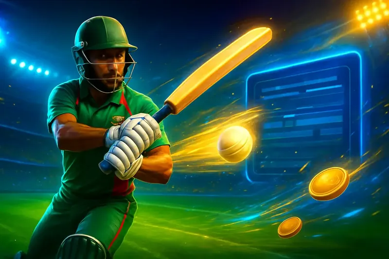 Cricket Sportsbook Action Cricket batter striking ball under stadium lights for sportsbook banner