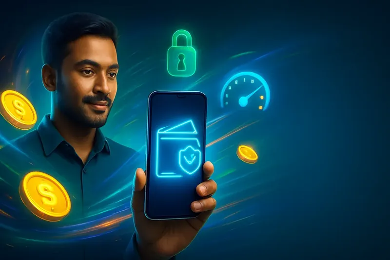 Hand holding smartphone with secure mobile wallet, coins, and speed effects