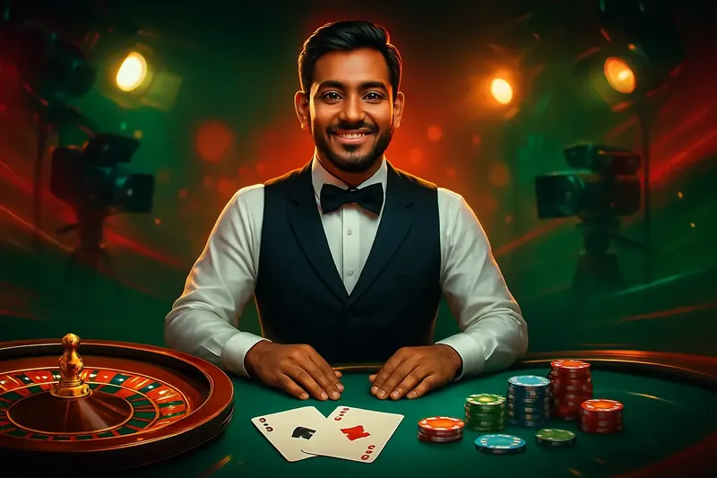 Live Dealer Banner Friendly professional live dealer with roulette, cards, chips, and studio lights