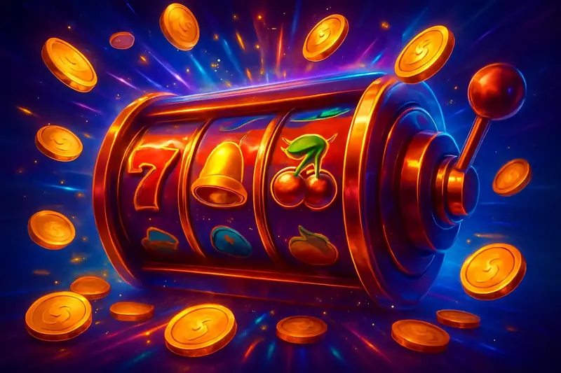 Colorful spinning slot machine reels with coins, sparkles, and neon glow
